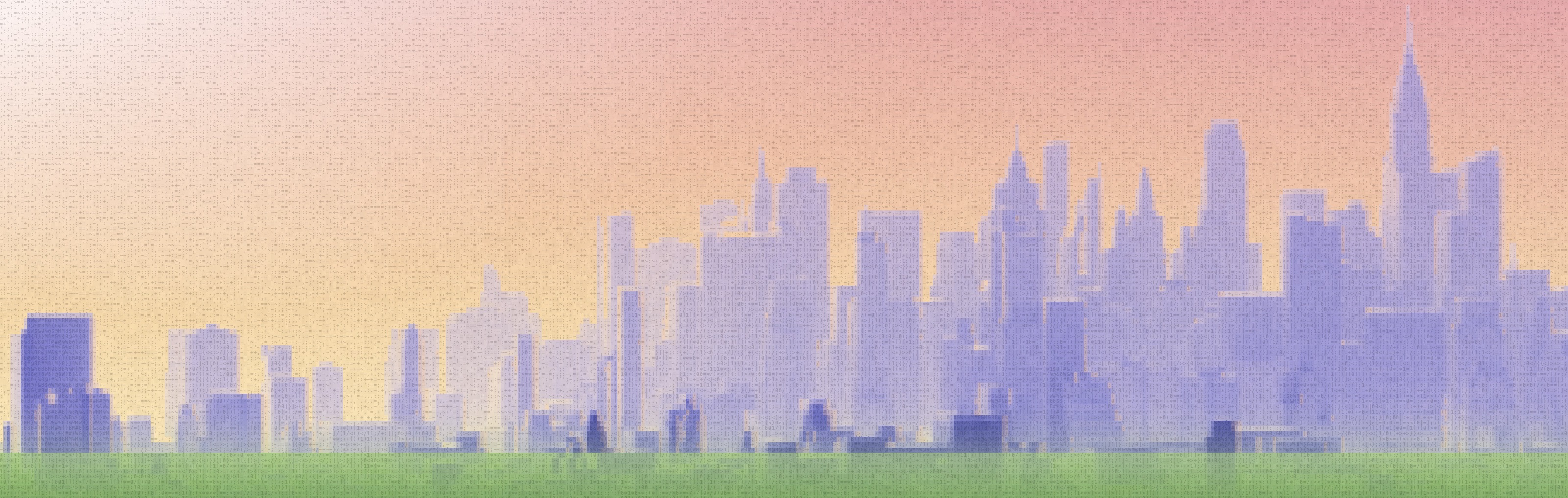 A city skyline at sunset, drawn from small code characters